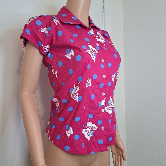 Dead Threads Womens M Shirt Pink Blue Polka Dots Butterfly Girly Button Down - Picture 2 of 11
